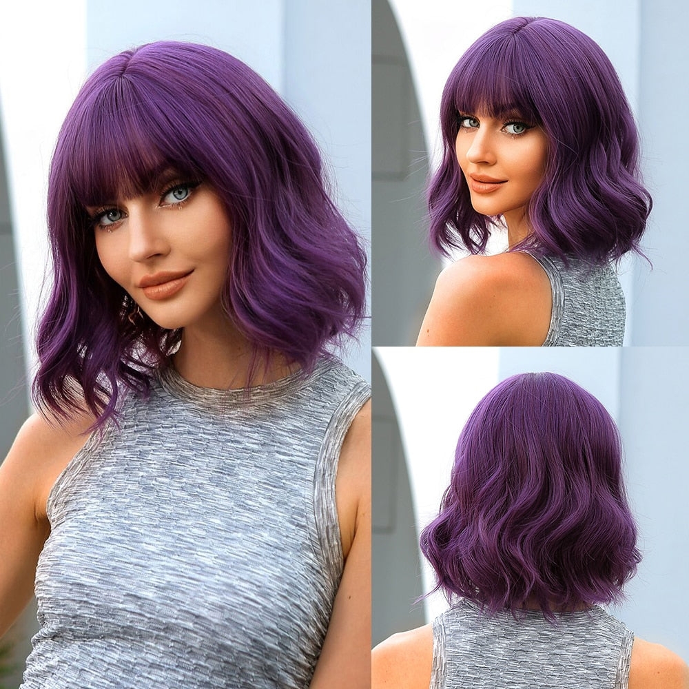 Purple Pink Ombre Black Short Straight Synthetic Wigs with Bangs Bob