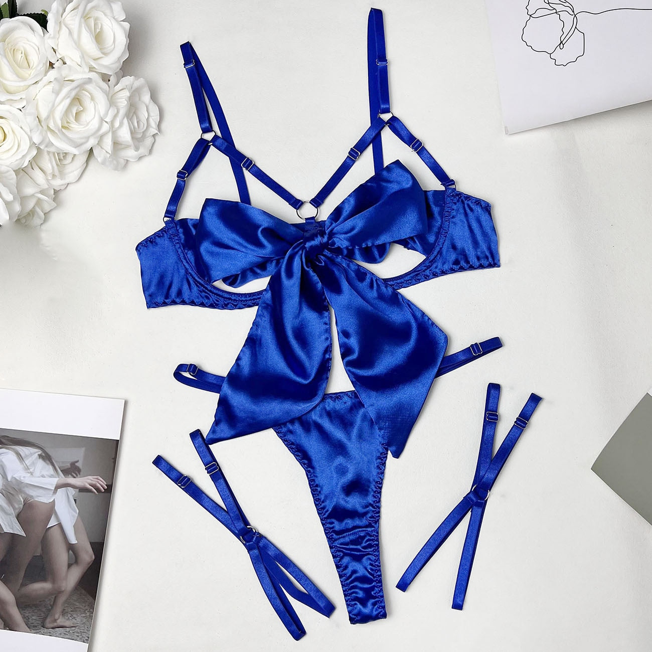 3-Piece Cut Out Bow Lingerie Set 4 Colors Satin Cute Erotic Set Solid Brief Underwear Set Nightwear
