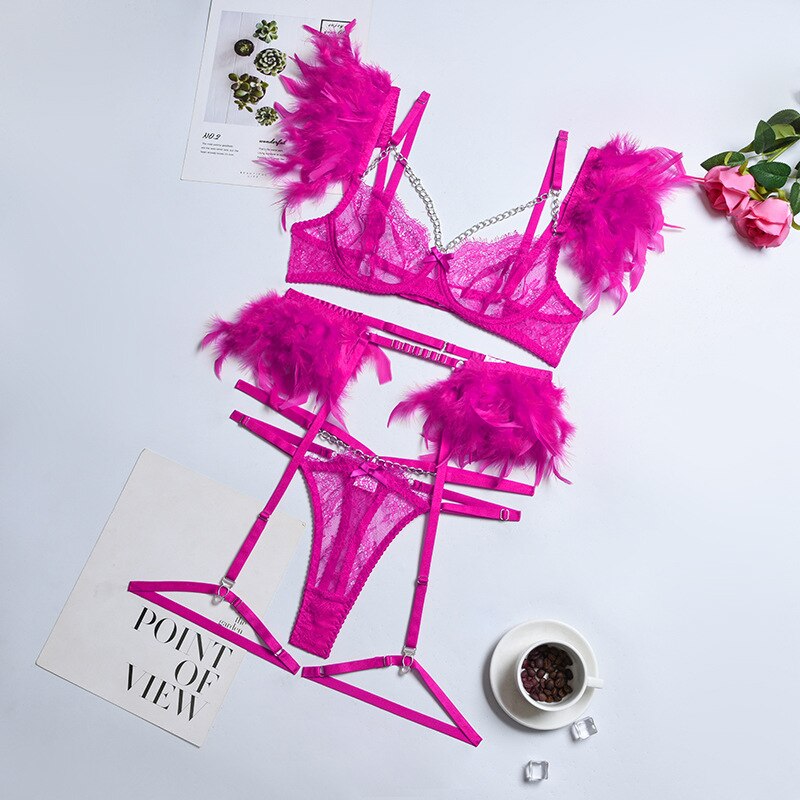 3-Piece Lace Feather Exotic Sets Women Chain Patchwork 8 Colors Panty Underwear Set Ladies Sexy Lingerie Set