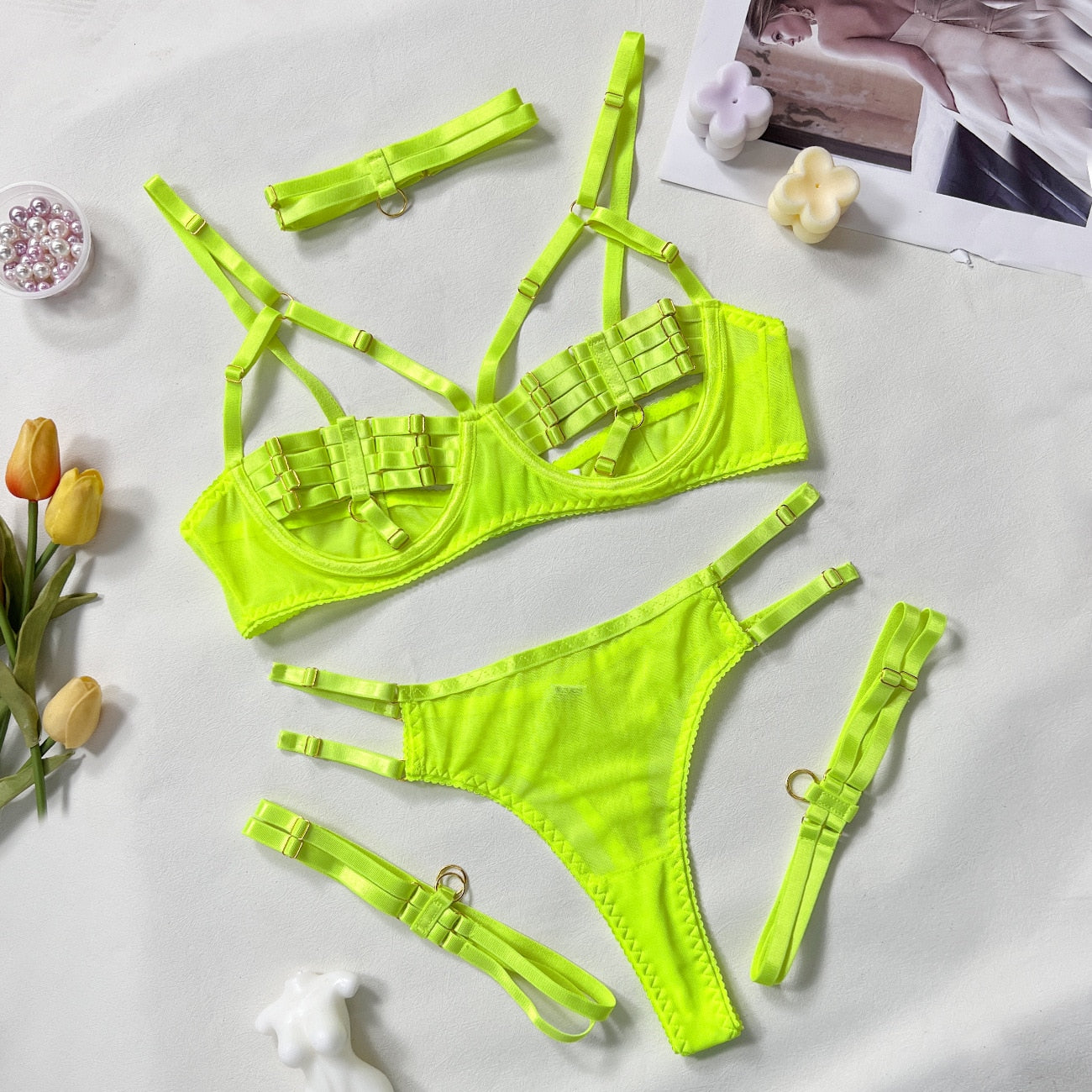 4-Piece Bandage Erotic Set Women Choker Cut Out Solid Vintage Purple Sexy Lingerie Set Breif Kit