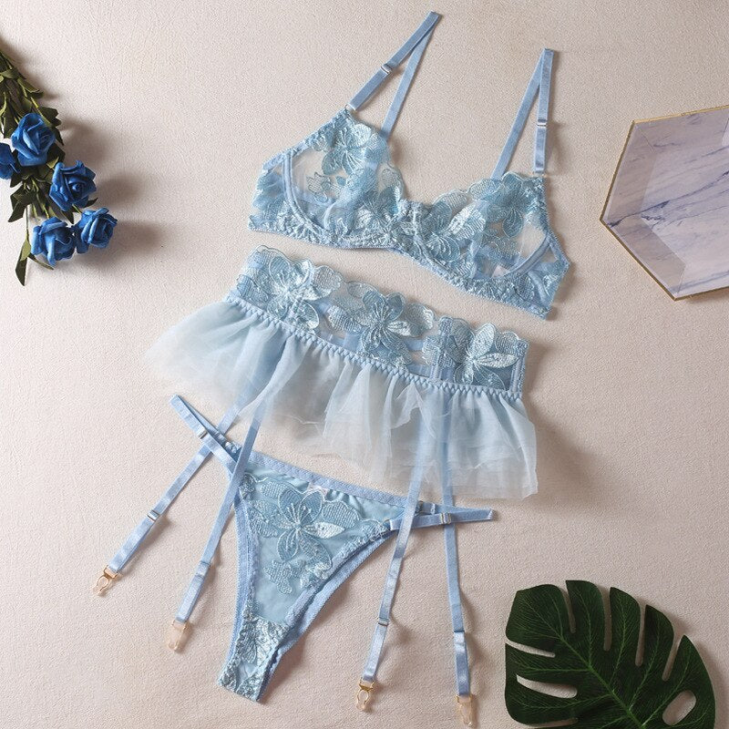 Lace Bra Set Women Transparent Mesh Patchwork Sexy Lingerie Set Floral Garter Brief Underwear Set