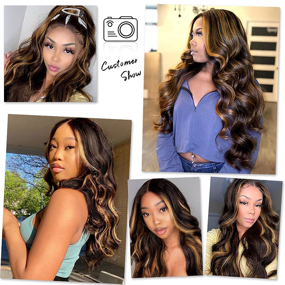 Dark Brown with Light Brown Highlight Body WaveLong Synthetic Lace Frontal Wigs