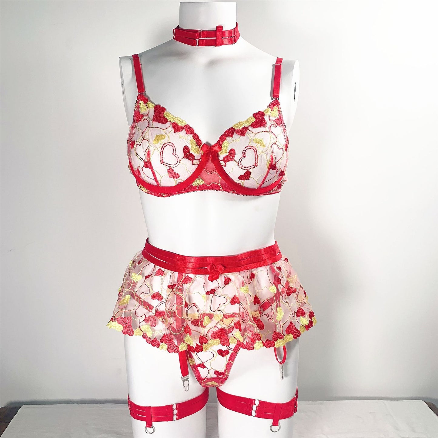 Lace Exotic Sets 3 Piece Girls Contrast Sweetheart Underwire Lingerie Embroidered Ruffle Garter Set