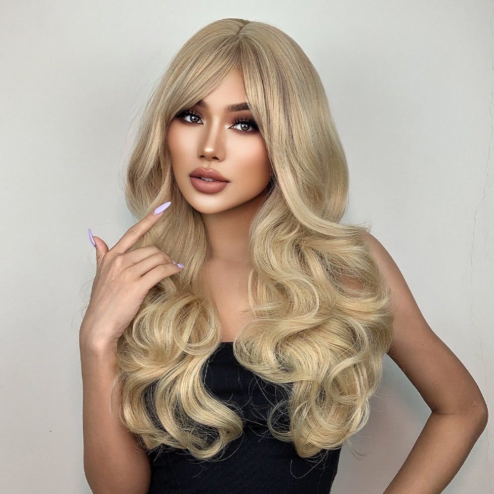 Platinum Blonde Synthetic Curly Long Wavy Wig with Bangs