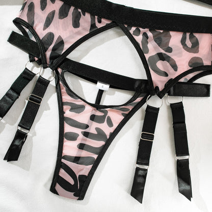 Leopard Print Cut Out Bra + Thong Set Women Sexy Erotic Lingerie Set Fancy Stockings Garter Kit