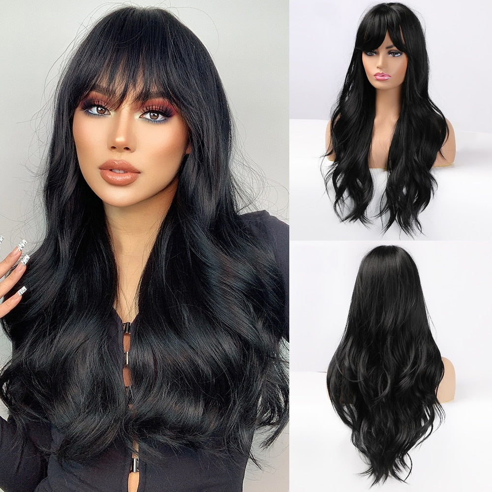 Long Wavy Ginger Brown Synthetic Wigs with Bangs
