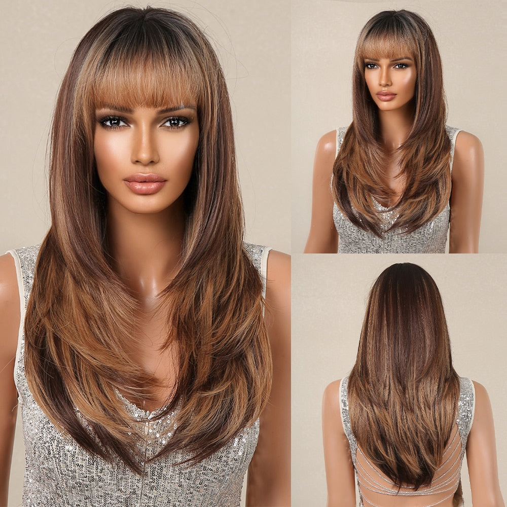 Pink Brown Ombre Straight Medium Lenght Synthetic Wigs