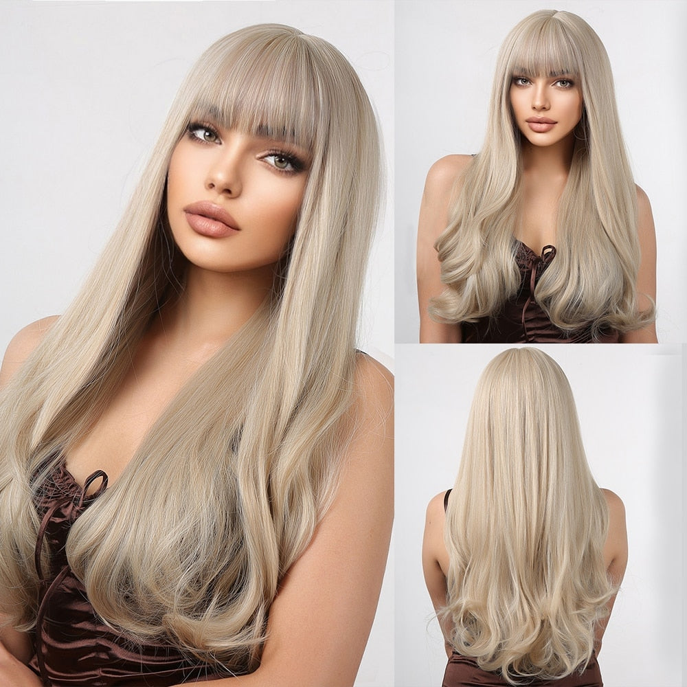 Long Wavy Brown Blonde Highlight Synthetic Wigs with Bang