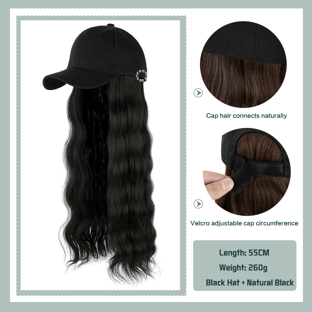 Black White Baseball Cap with Wig Long Straight Hair Curly Hair Hat Wig
