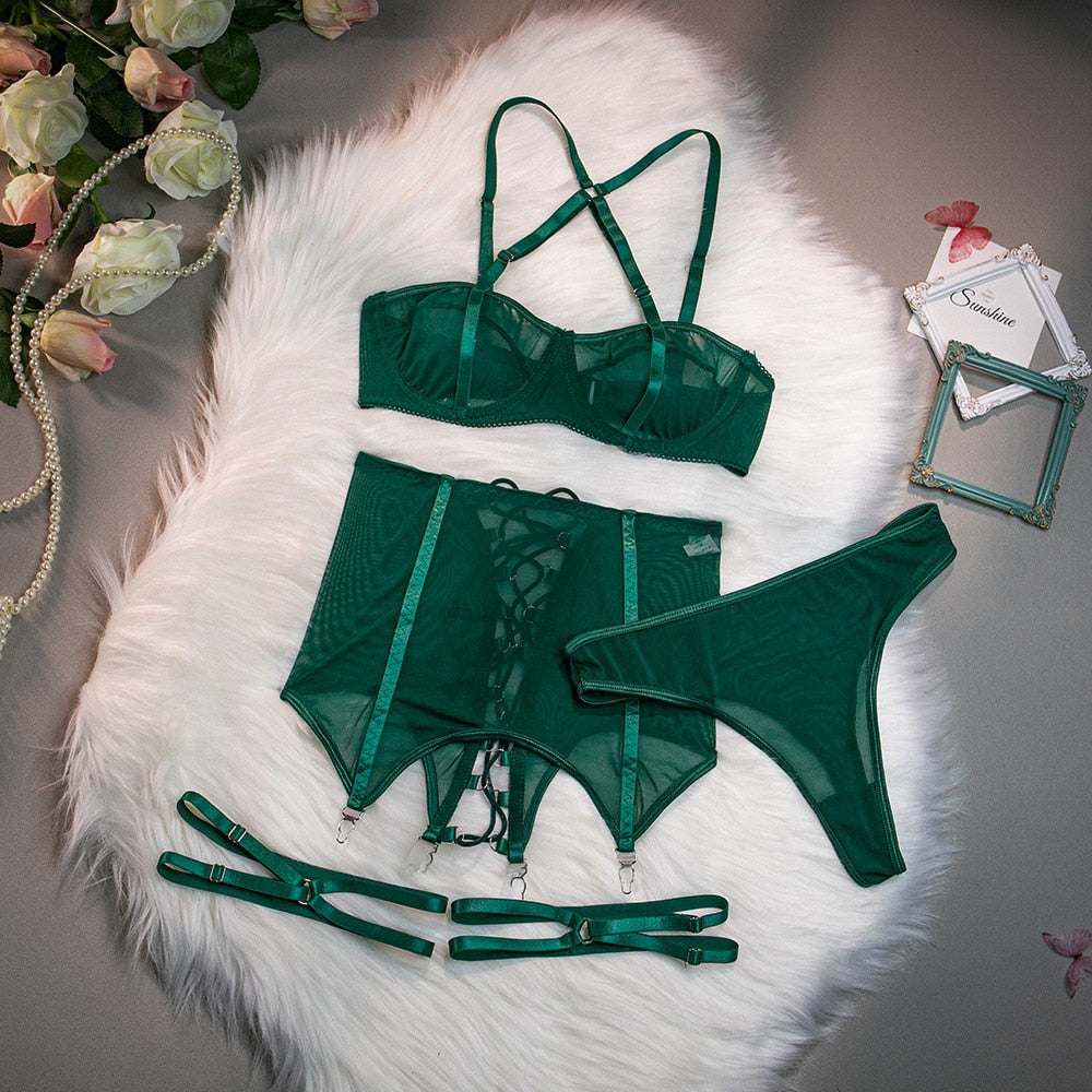 3-Piece Back Open Lingerie Set Lace Up Bandage Exotic Sets Mesh Transparent Femme Lingerie Fancy Kit