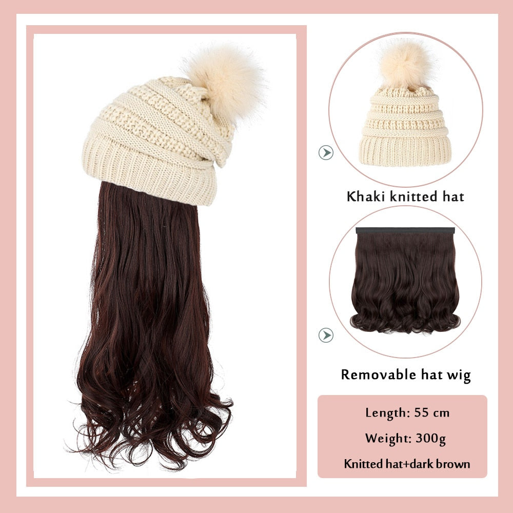 Black White Baseball Cap with Wig Long Straight Hair Curly Hair Hat Wig