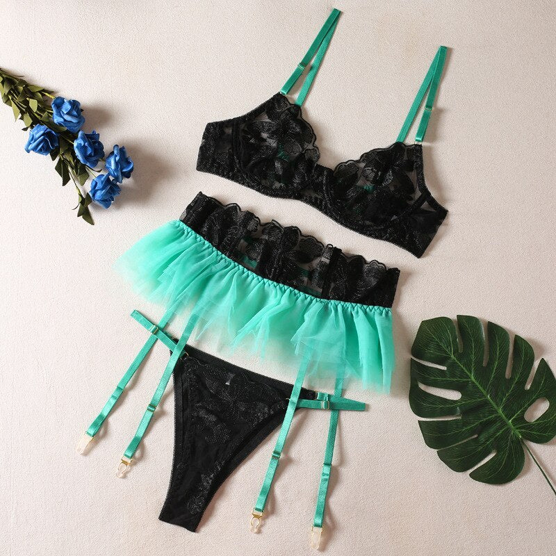 Lace Bra Set Women Transparent Mesh Patchwork Sexy Lingerie Set Floral Garter Brief Underwear Set