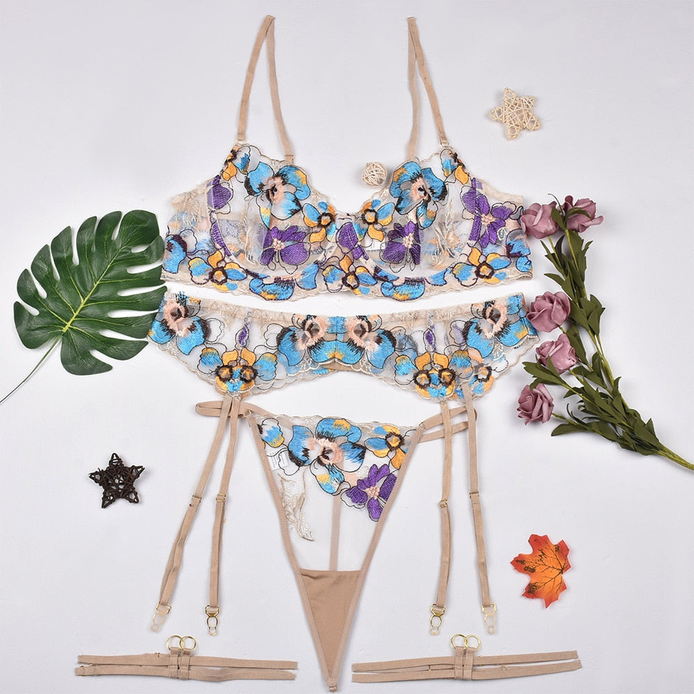 Floral Embroidery Transparent Erotic Set Women 4-Piece Transparent Underwear Set Vintage Garter Thong Kit