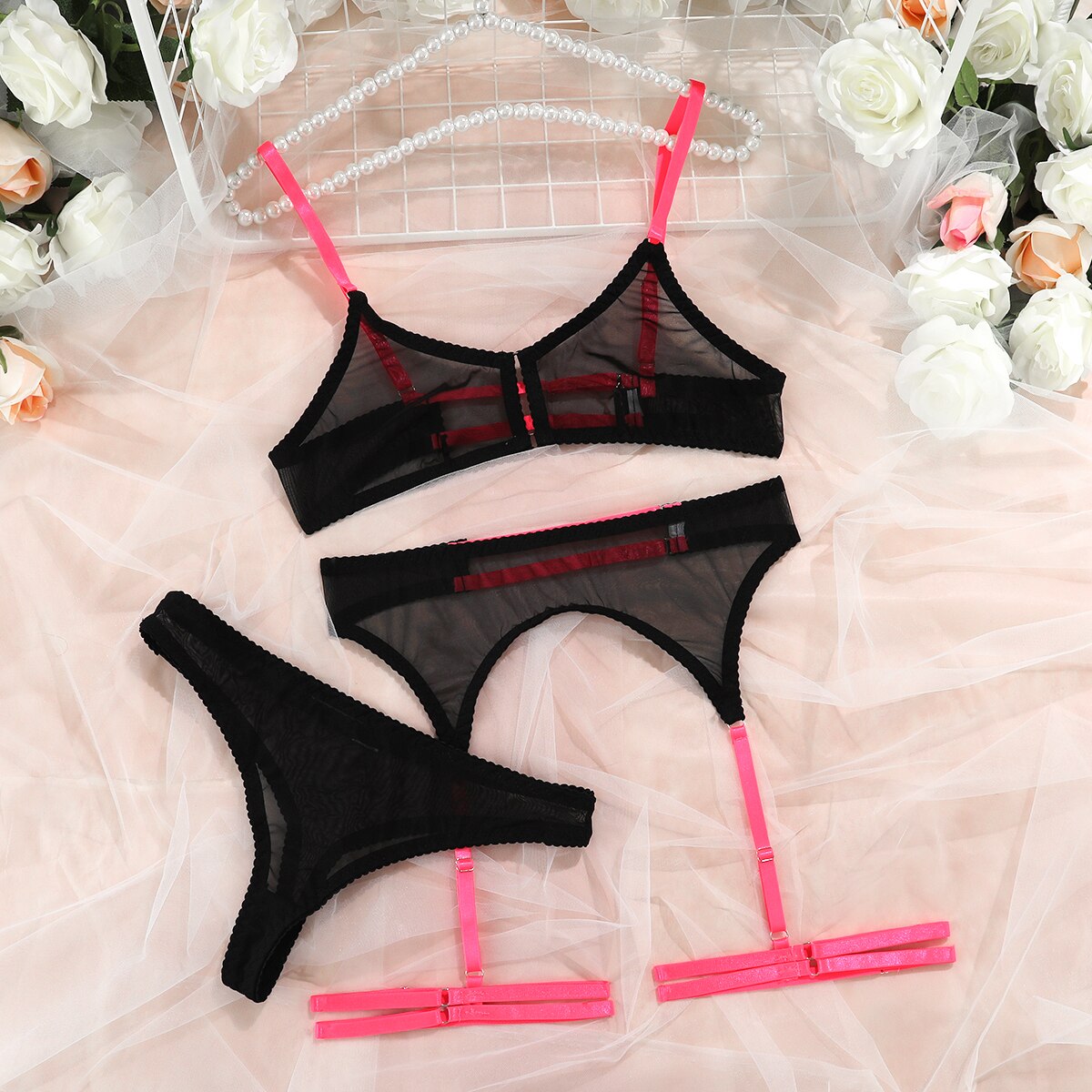 3-Piece Mesh Bra Set Women Transparent Color Straps Underwear Set 5 Colors Sexy Lingerie Set