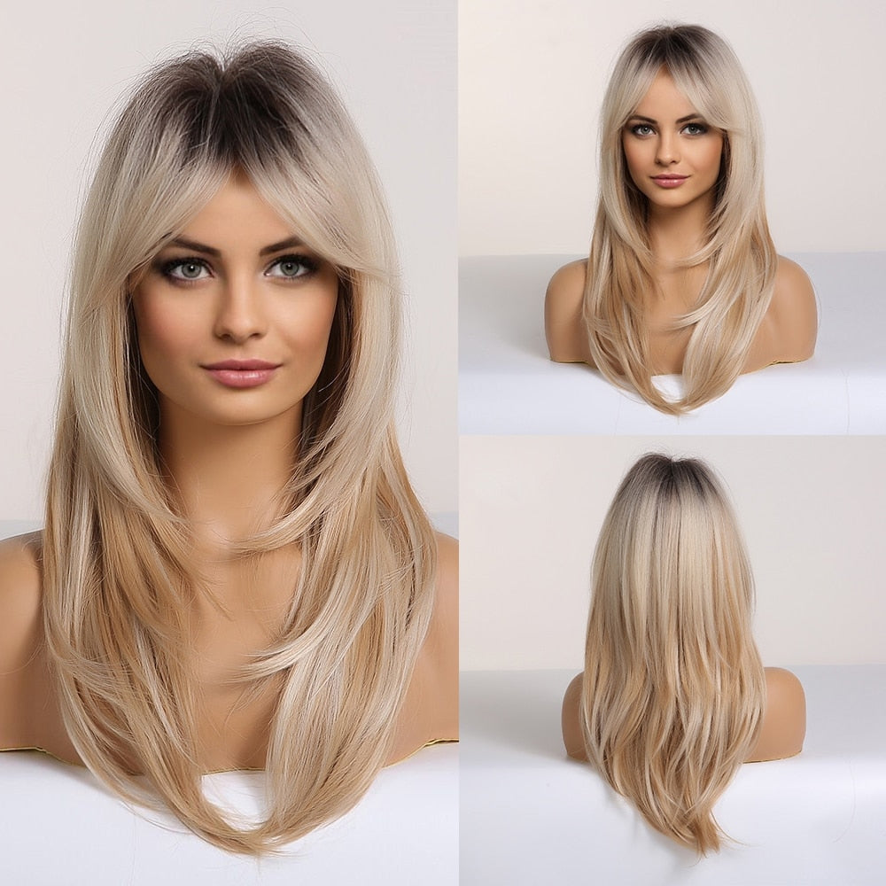 Golden Brown Short Straight Bob Synthetic Wigs with Bangs