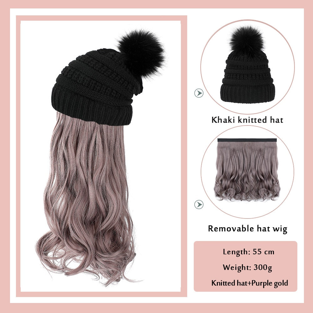Black White Baseball Cap with Wig Long Straight Hair Curly Hair Hat Wig