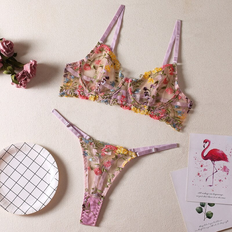 2-Piece Lace Bra Set Women Floral Embroidery Underwear Set Transparent Khaki Panty Set