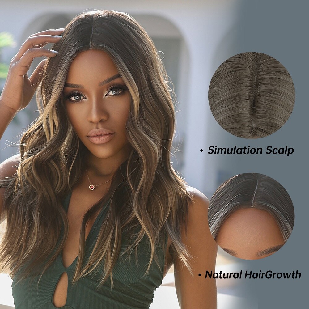 Brown Long Curly Wavy Synthetic Wigs with Blonde Highlights
