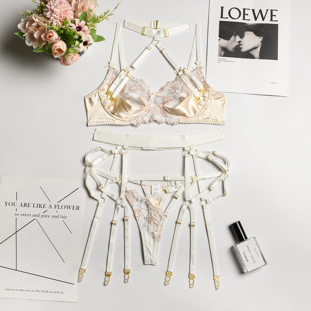 3-Piece Lace Lingerie Set Women Cut Out 5 Colors Embroidery Floral Erotic Set Pink Bandage Sexy Brief Kit