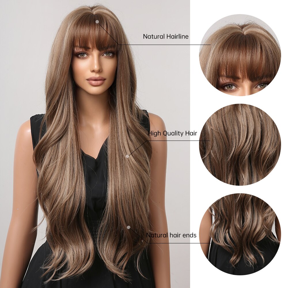 Long Wavy Brown Blonde Highlight Synthetic Wigs with Bang