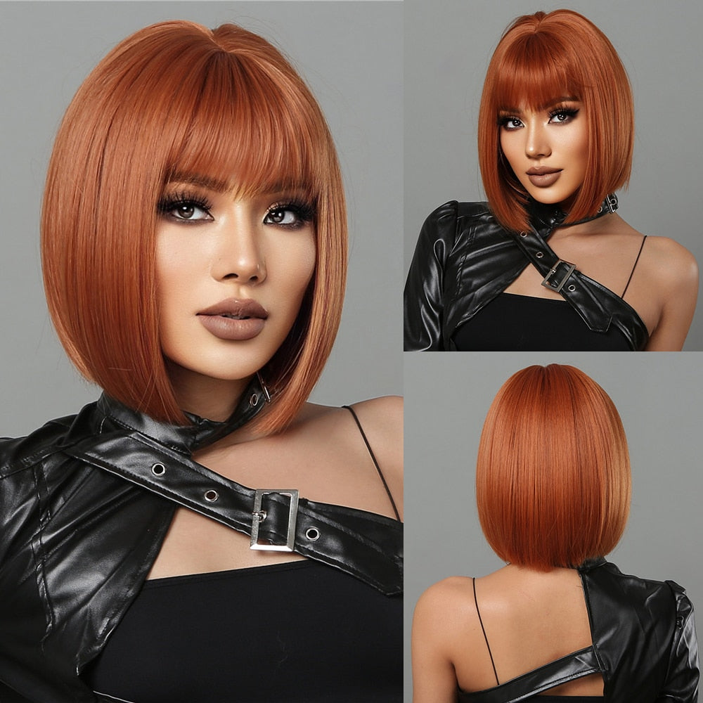 Orange Ombre Brown Short Straight Synthetic Wigs with Bangs