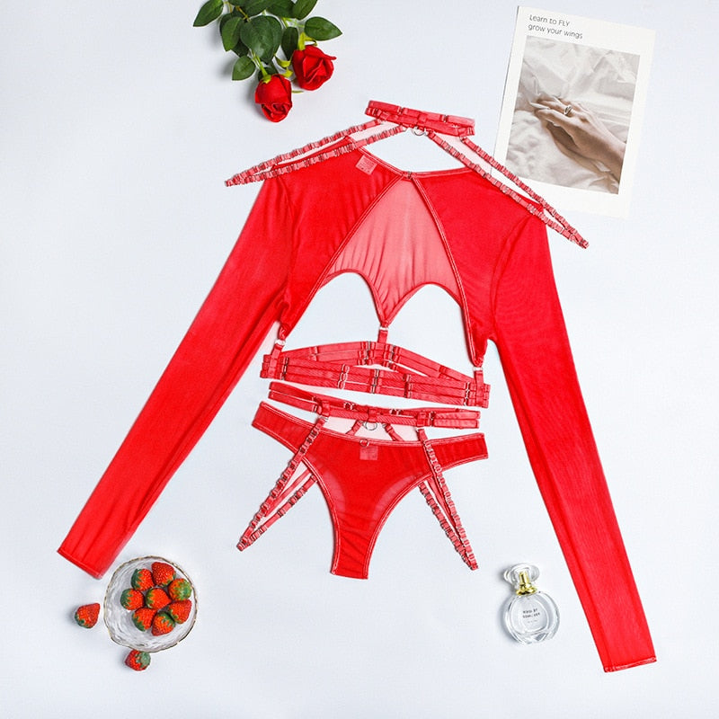4-Piece Gothic Lingerie Set Women 11 Colors Backless Fancy Black Halter Mesh Bandage Exotic Sets