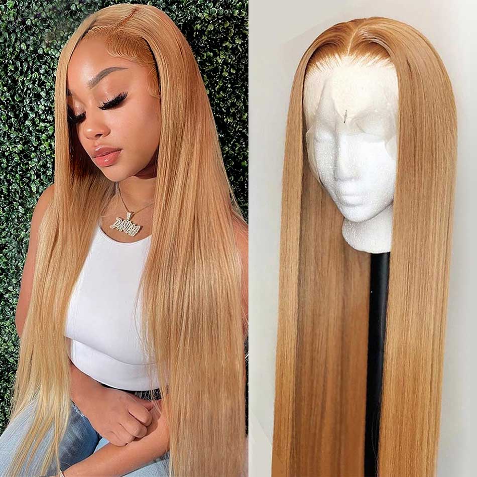 Honey Blonde Straight Human Hair Lace Frontal Wigs Brazilian 13X4 HD Lace Front