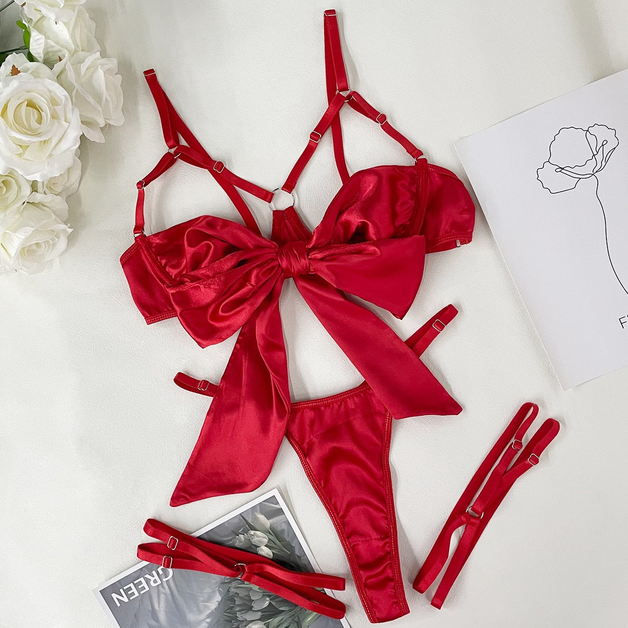 3-Piece Cut Out Bow Lingerie Set 4 Colors Satin Cute Erotic Set Solid Brief Underwear Set Nightwear