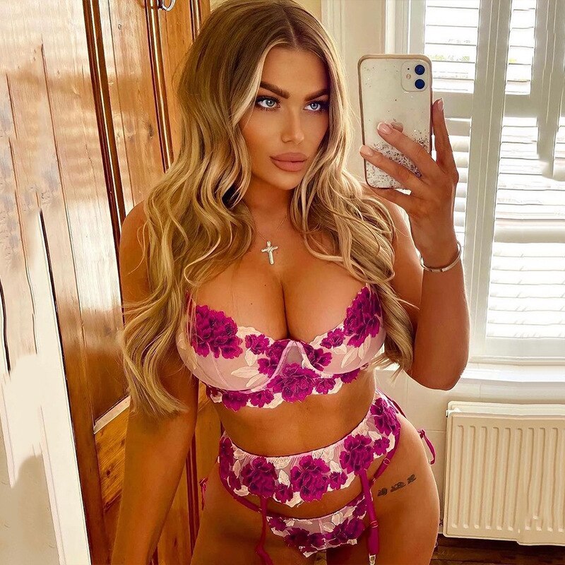 3-Piece Embroidery Lace Bra Set Women Floral Bra Underwire + Thong Underwear Set Sexy Lingerie Set