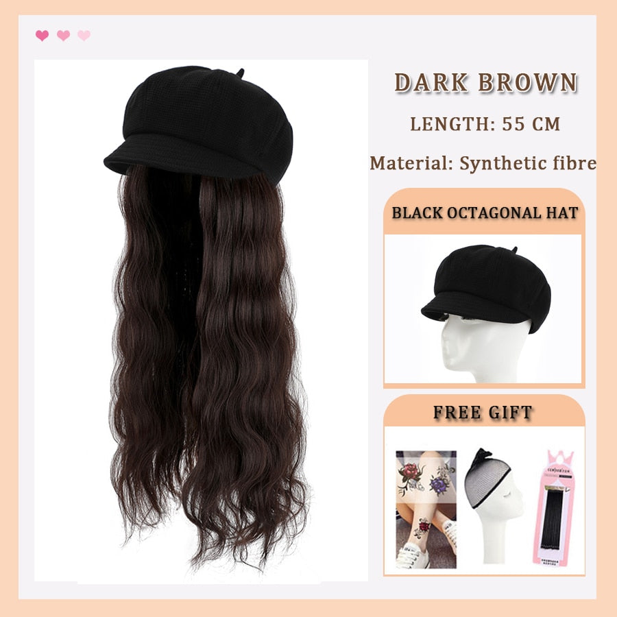 Black White Baseball Cap with Wig Long Straight Hair Curly Hair Hat Wig