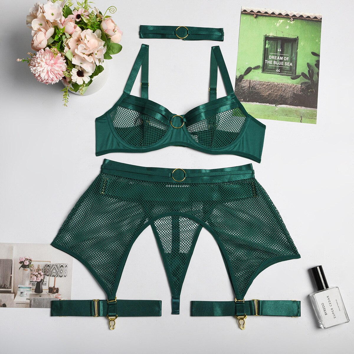 4-Piece Mesh Bra Set Women Transparent Ring Sexy Underwear Set Underwire Ladies Lingerie Set with Garter Belt