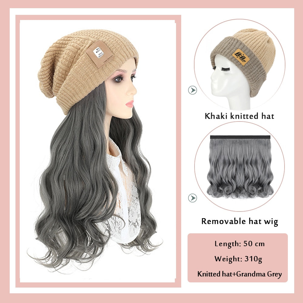 Black White Baseball Cap with Wig Long Straight Hair Curly Hair Hat Wig