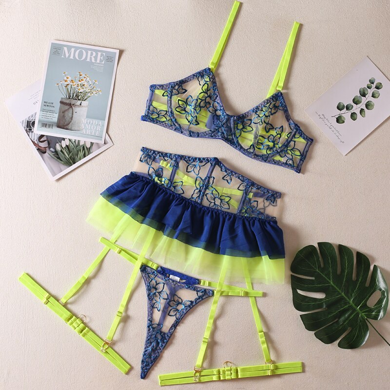Lace Lingerie Set Women Sexy Patchwork Contrast Color Dress Mesh Brief Underwear Set Vintage Garter Kit