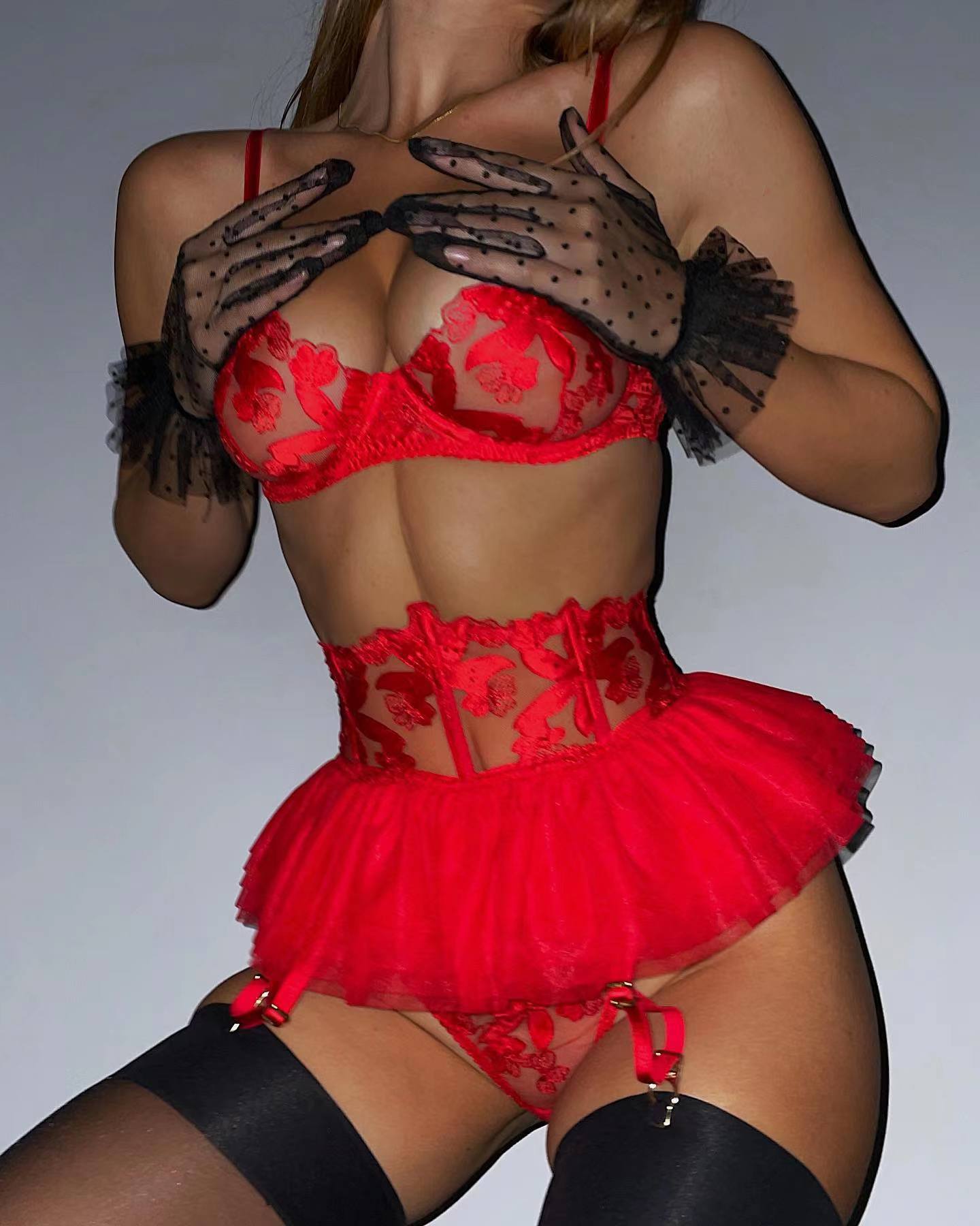 Lace Bra Set Women Transparent Mesh Patchwork Sexy Lingerie Set Floral Garter Brief Underwear Set