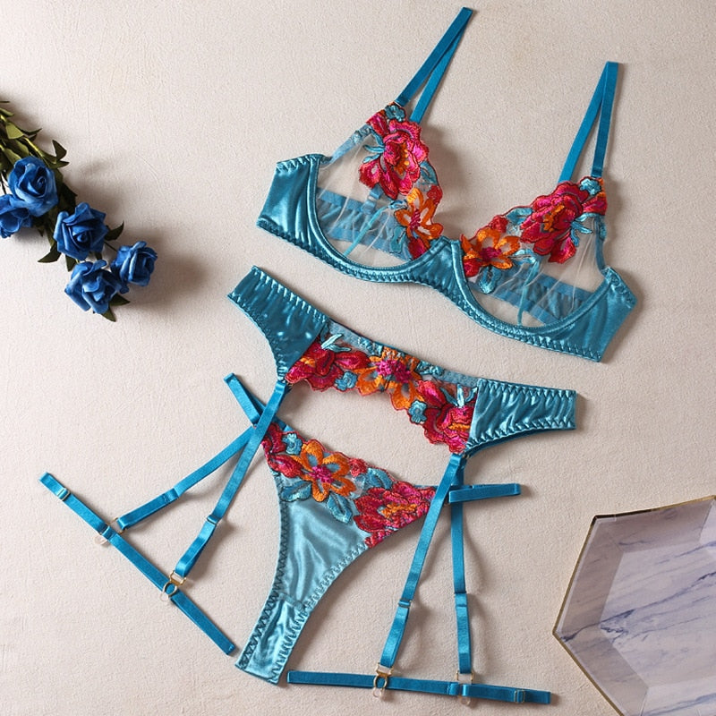 3-Piece Contrast Color Lace Bra Set Women 10 Colors Embroidery Panty Underwear Set Ladies Blue Sexy Lingerie Set