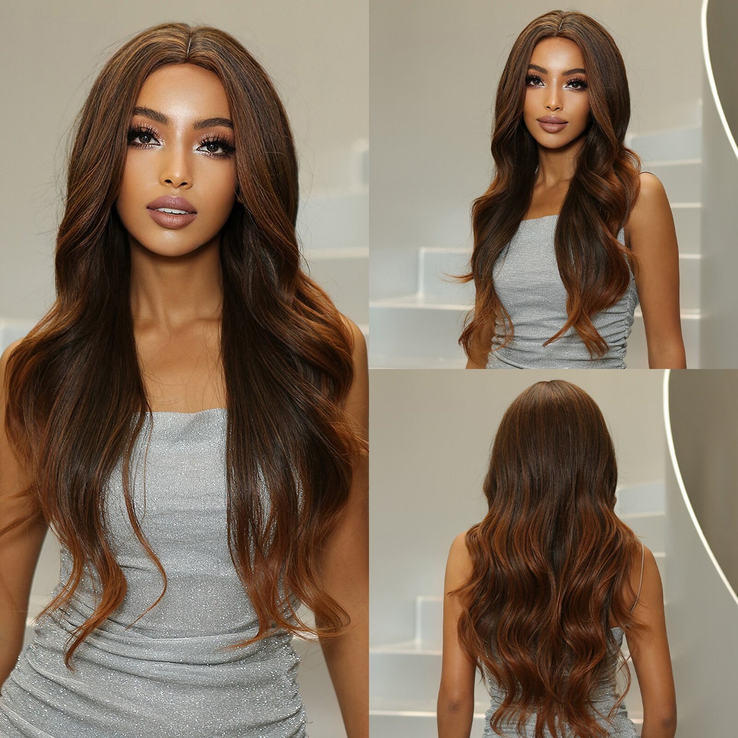 Brown Long Curly Wavy Synthetic Wigs with Blonde Highlights
