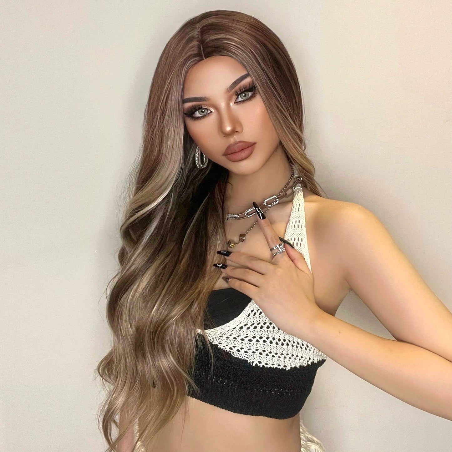 Natural Long Wavy Ombre Brown Blonde Highlight Synthetic Wigs