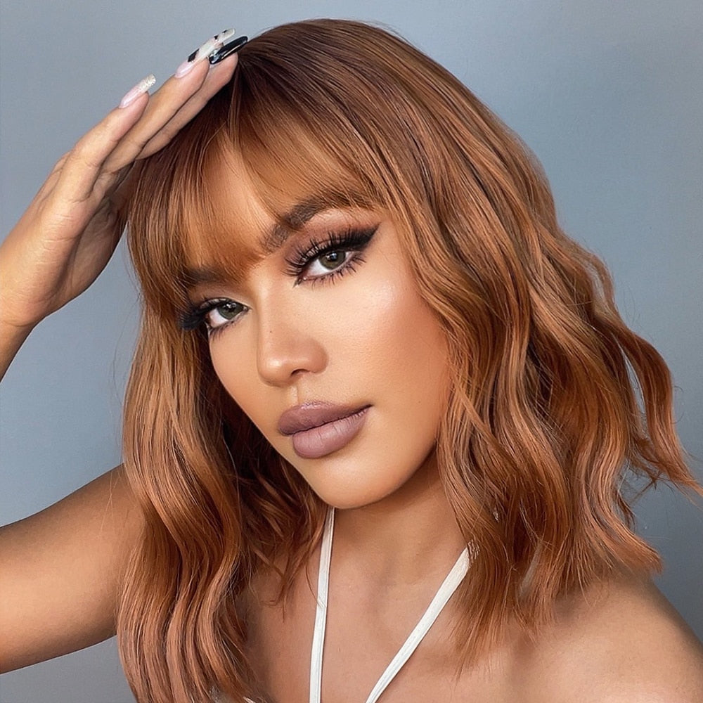 Red Copper Ginger Synthetic Wigs with Bangs Medium Length