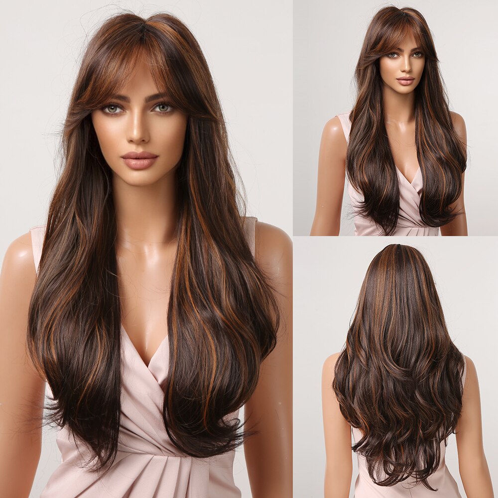 Long Wavy Brown Blonde Highlight Synthetic Wigs with Bang