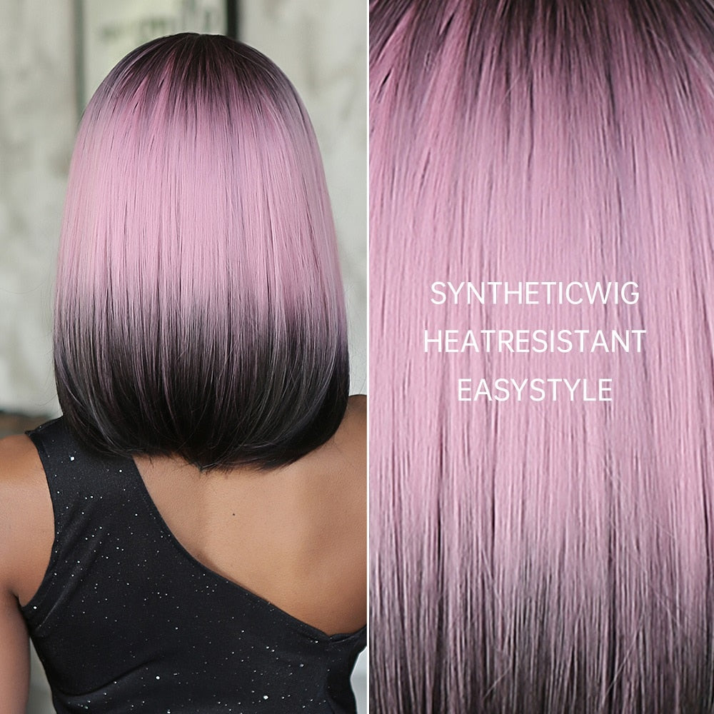 Purple Pink Ombre Black Short Straight Synthetic Wigs with Bangs Bob