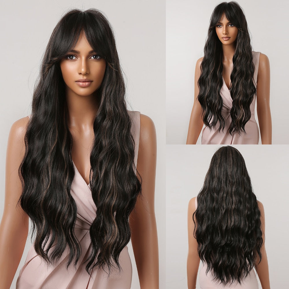 Brown Long Curly Wavy Synthetic Wigs with Blonde Highlights