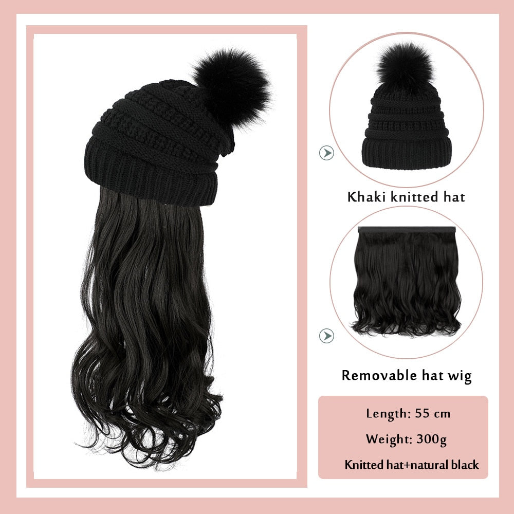 Black White Baseball Cap with Wig Long Straight Hair Curly Hair Hat Wig