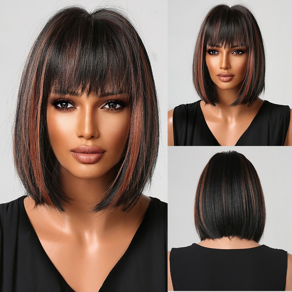 Purple Pink Ombre Black Short Straight Synthetic Wigs with Bangs Bob