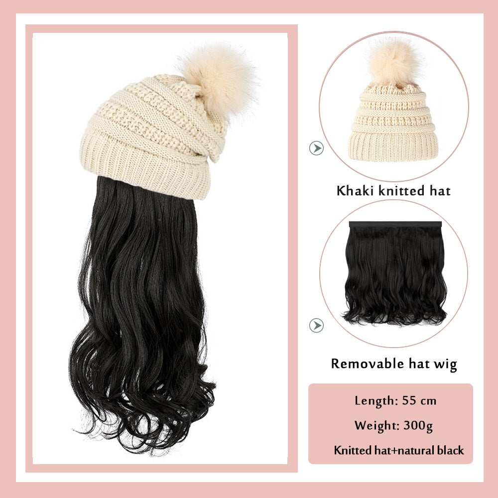 Black White Baseball Cap with Wig Long Straight Hair Curly Hair Hat Wig
