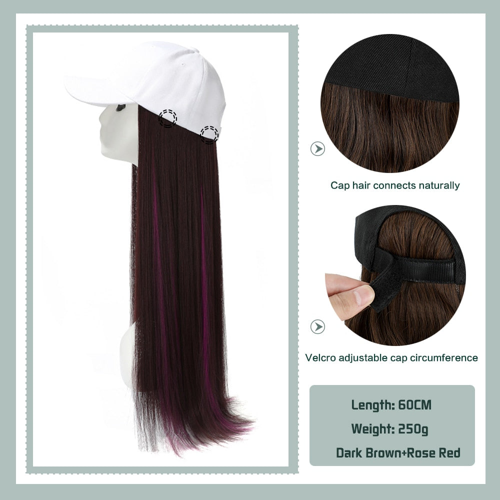 Black White Baseball Cap with Wig Long Straight Hair Curly Hair Hat Wig