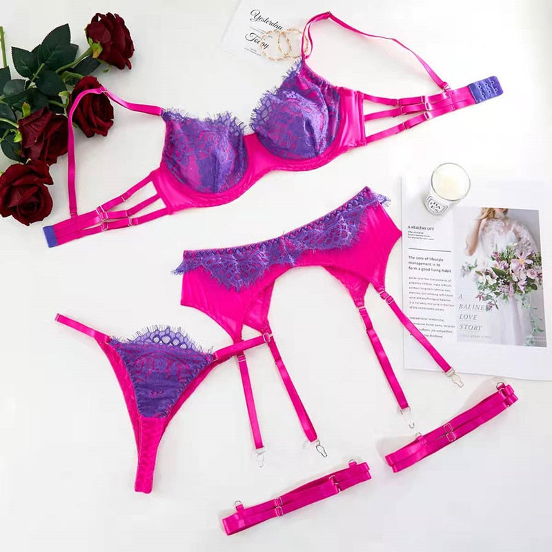 3 Piece Contrast Color Lace Erotic Set Women 3 Colors Patchwork Sexy Push Up Lingerie Set Erotic Set