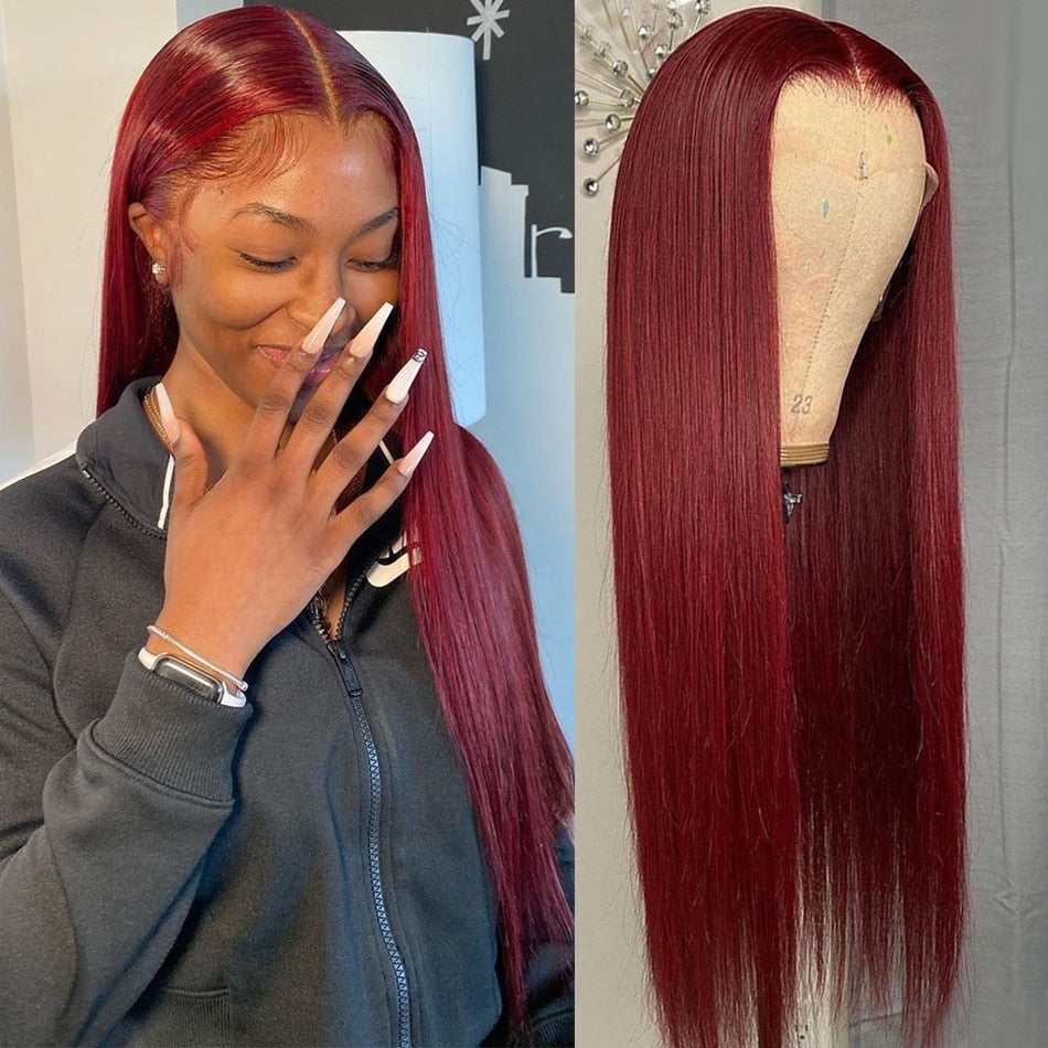 Burgundy Red Wine Color Peruvian Straight Hair Human Hair Lace Front Wig Pre-Plucked 13x4