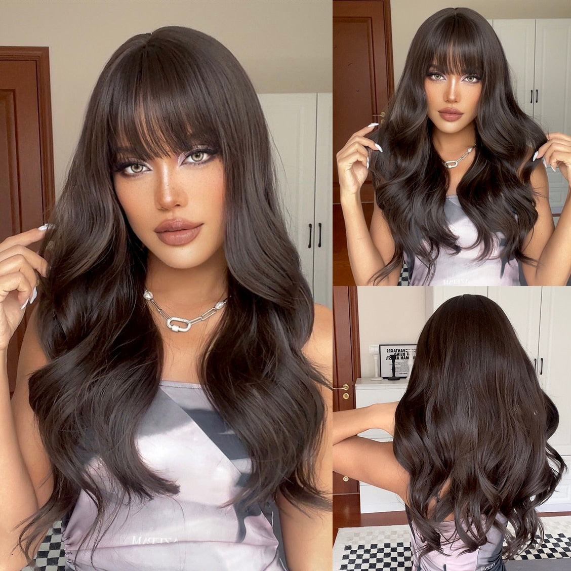 Long Black Wavy Synthetic Wigs with Bangs