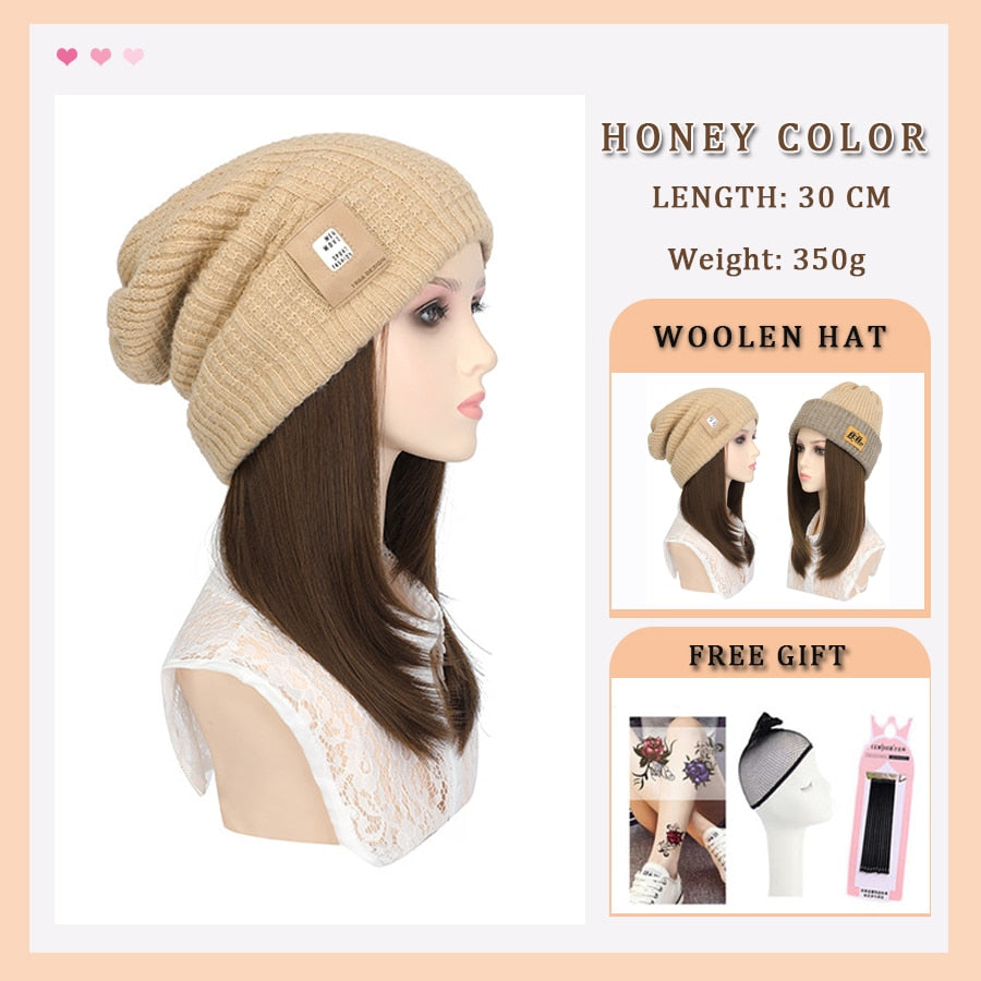 Black White Baseball Cap with Wig Long Straight Hair Curly Hair Hat Wig