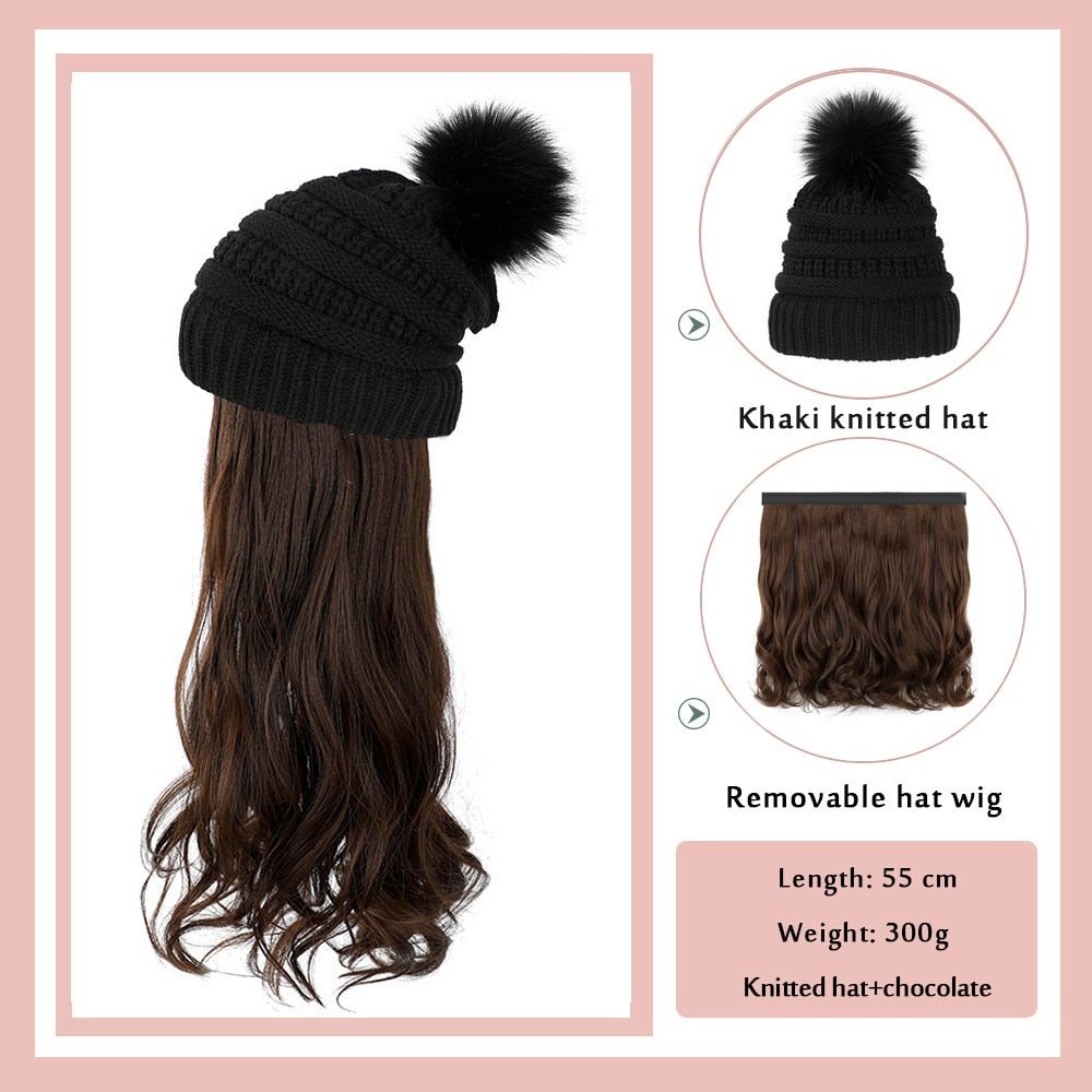Black White Baseball Cap with Wig Long Straight Hair Curly Hair Hat Wig